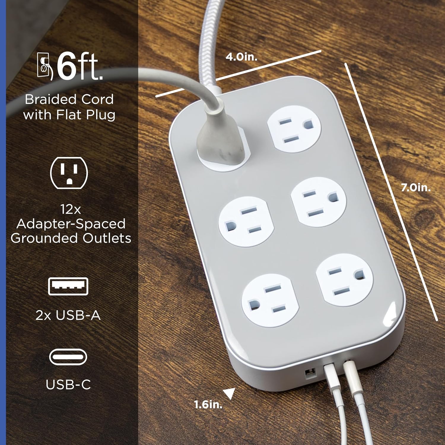 GE-branded Adapt UltraPro 12-Outlet Surge Protector, 2 USB-A, 1 USB-C, 2100 Joules, 6ft., White/Gray
