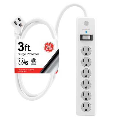 GE 6-Outlet 3ft. Surge Protector with Twist-to-Close Safety Covers, White