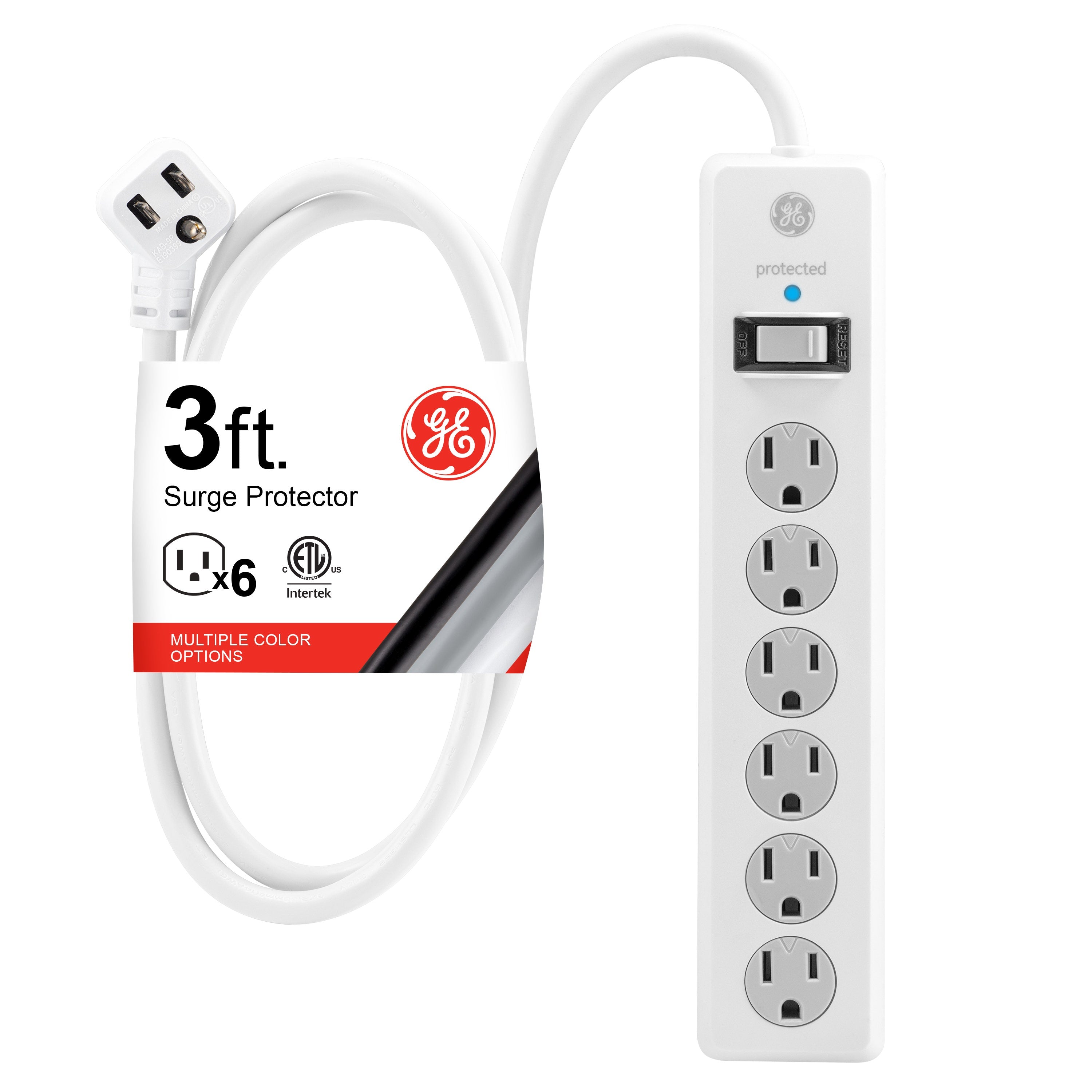 GE 6-Outlet 3ft. Surge Protector with Twist-to-Close Safety Covers, White