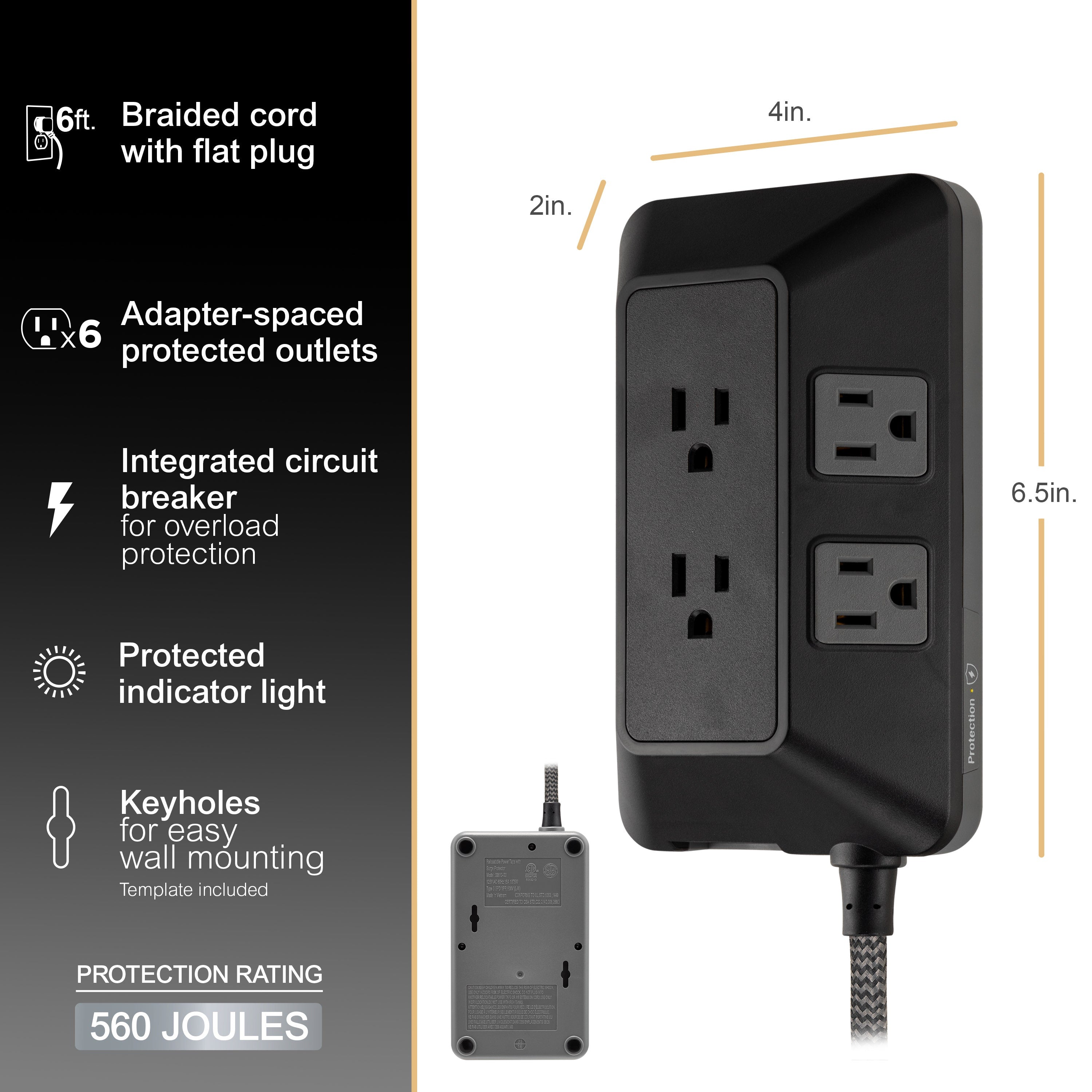 GE 6-Outlet Surge Protector With Adapter-Spaced Outlets, 6ft. Braided Cord, Black