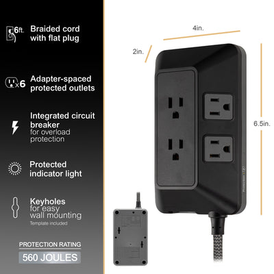 GE 6-Outlet Surge Protector With Adapter-Spaced Outlets, 6ft. Braided Cord, Black