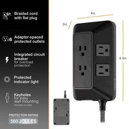 GE 6-Outlet Surge Protector With Adapter-Spaced Outlets, 6ft. Braided Cord, Black