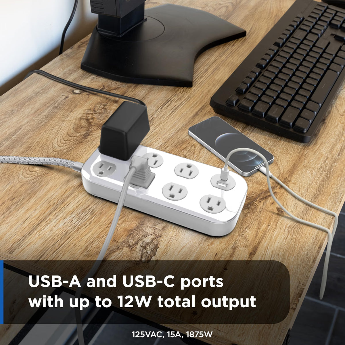 GE-branded 7-Outlet Surge Protector, 1 USB-A, 1 USB-C, 1470 Joules, 4ft., White