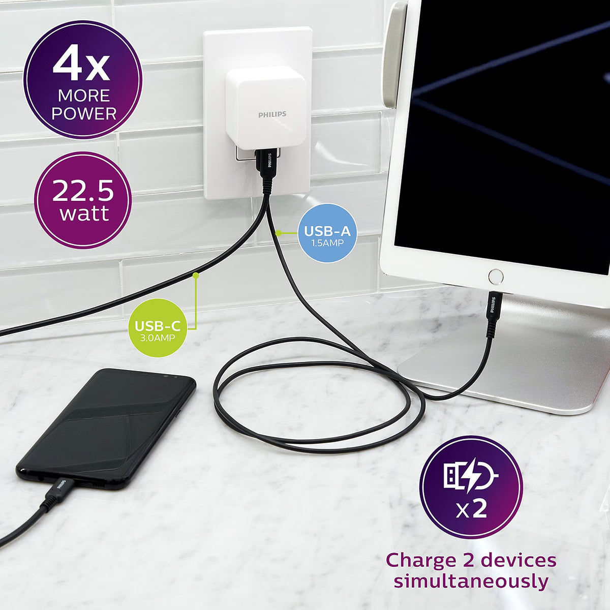 Philips iPhone USB Wall Charger Block, 22.5W with USB C and USB A, White