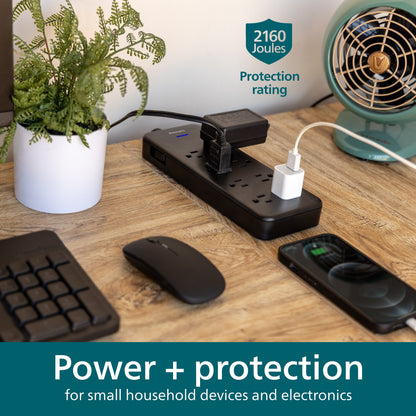 Philips 8-Outlet 8ft. Surge Protector with Adapter-Spaced Outlets, Black