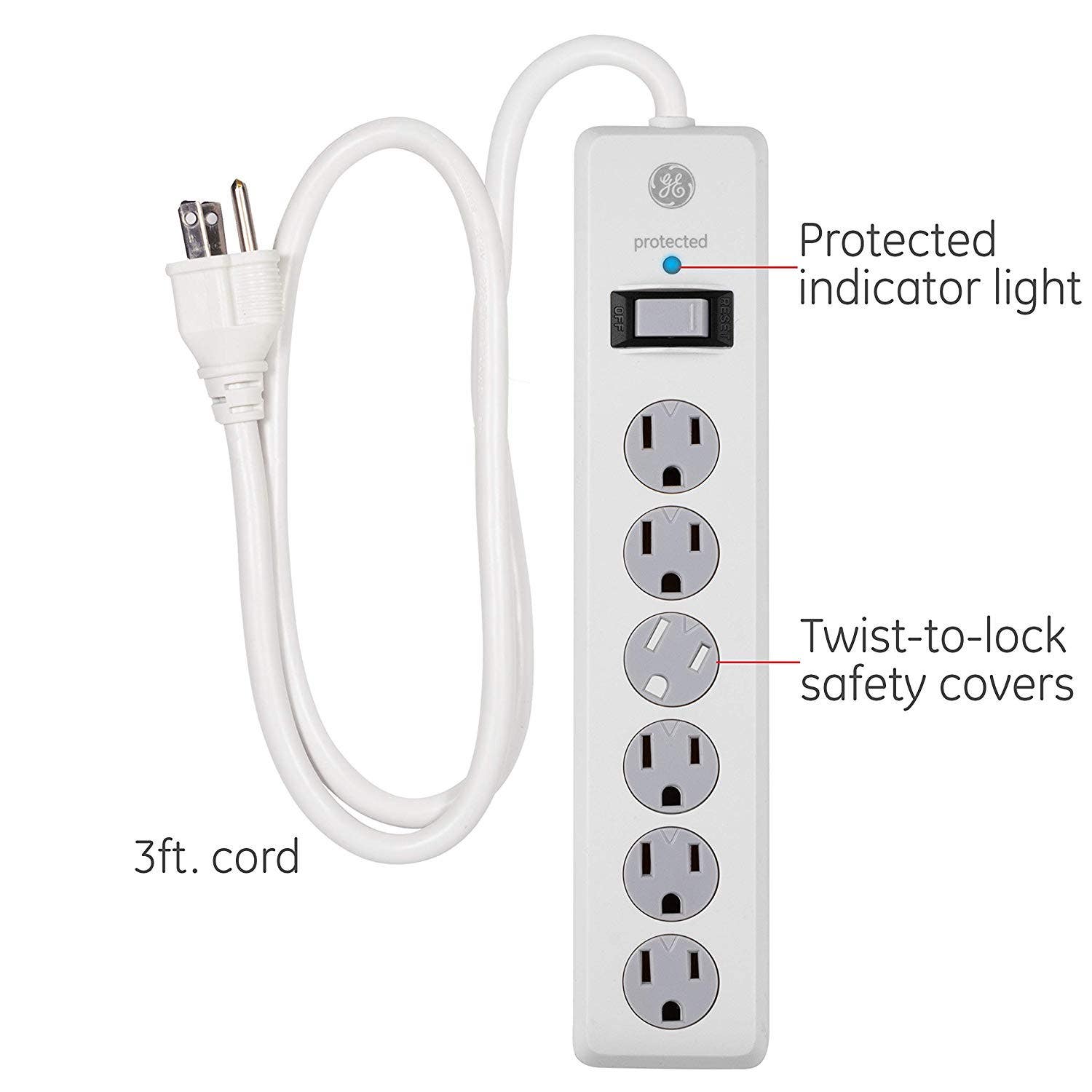 GE 6-Outlet 3ft. Surge Protector with Twist-to-Close Safety Covers, White