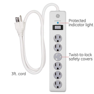 GE 6-Outlet 3ft. Surge Protector with Twist-to-Close Safety Covers, White