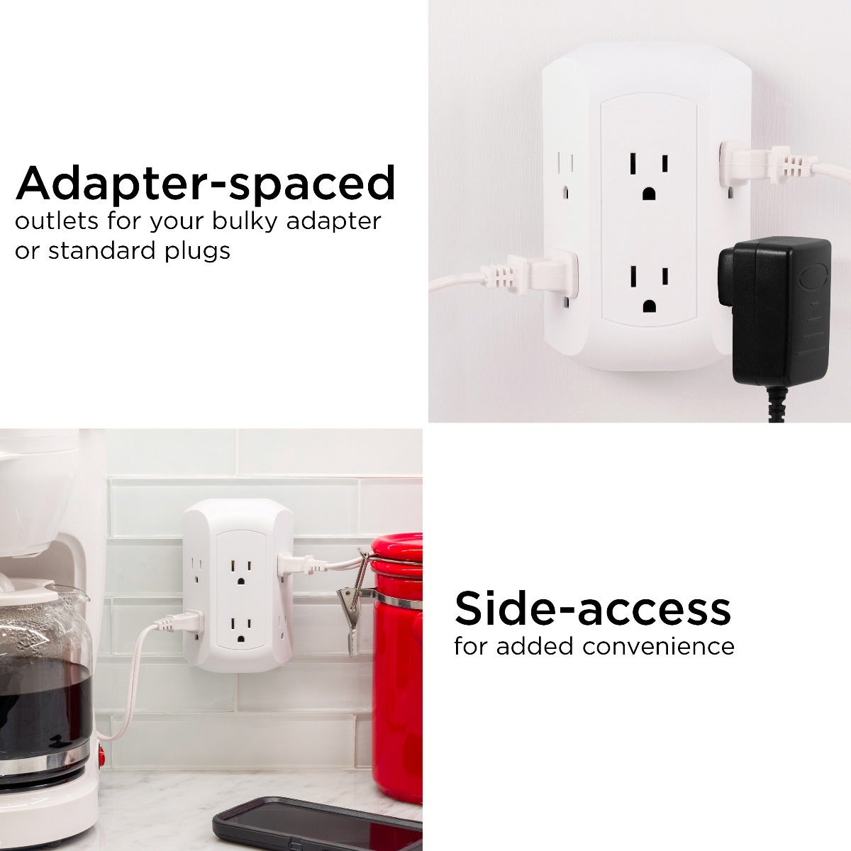 GE UltraPro 6-Outlet Wall Tap with Surge Protection, 2 Pack, White