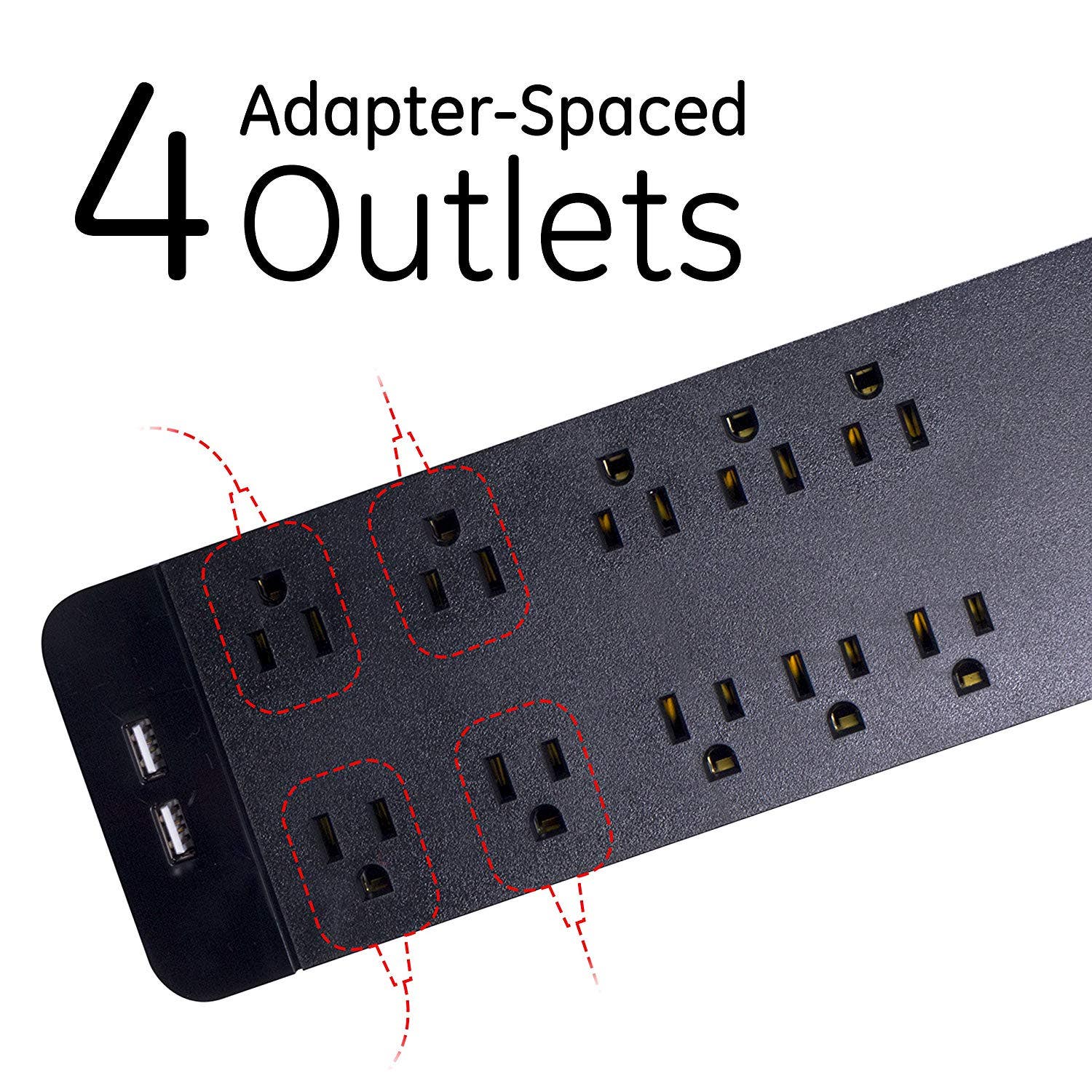GE UltraPro 10-Outlet 2-USB 4ft. Surge Protector, Black