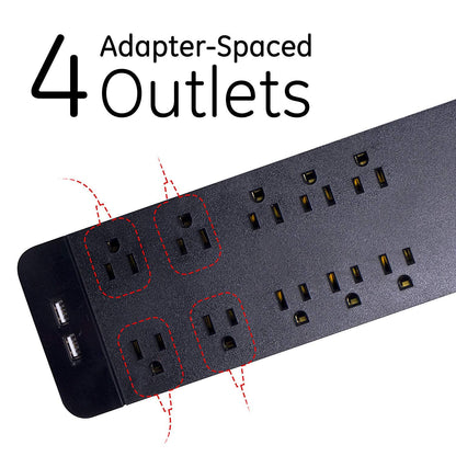 GE UltraPro 10-Outlet 2-USB 4ft. Surge Protector, Black