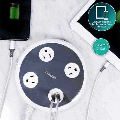 Philips Round 3-Outlet 2-USB 8ft. Braided Extension Cord with Surge Protection, White