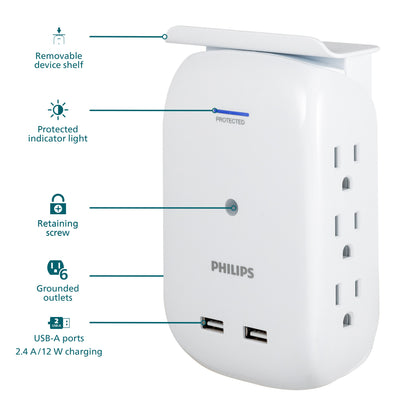 Philips Outlet 2-USB Wall Tap With Surge Protection And Device Shelf, White