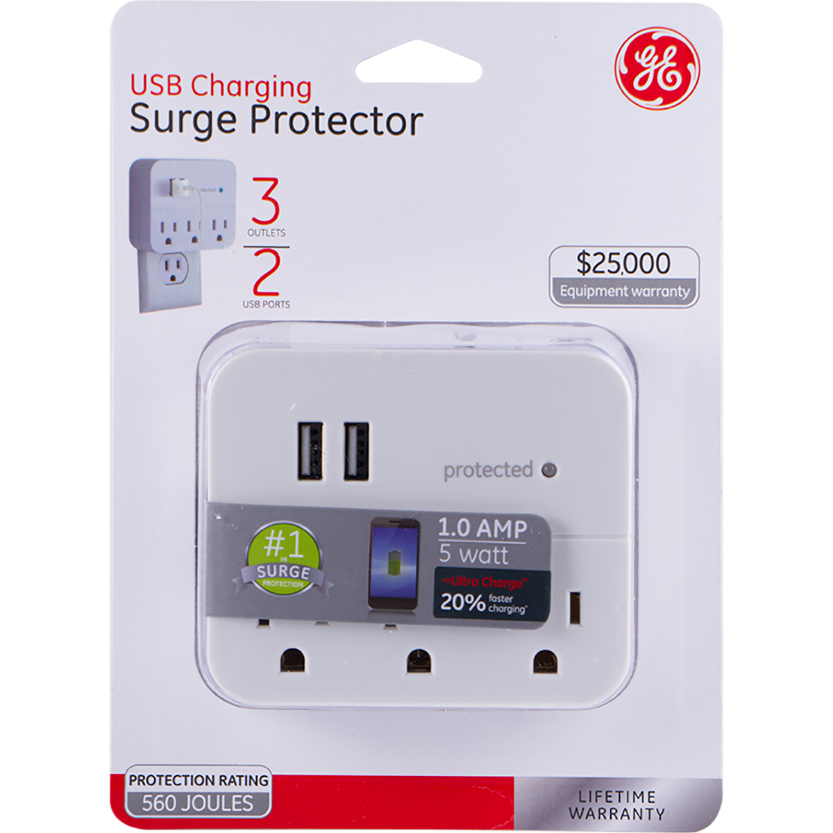 GE 3-Outlet 2-USB Wall Tap with Surge Protection, White