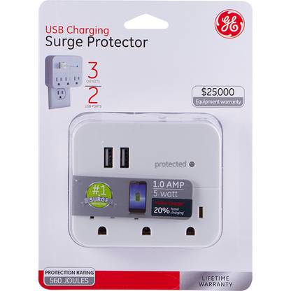 GE 3-Outlet 2-USB Wall Tap with Surge Protection, White