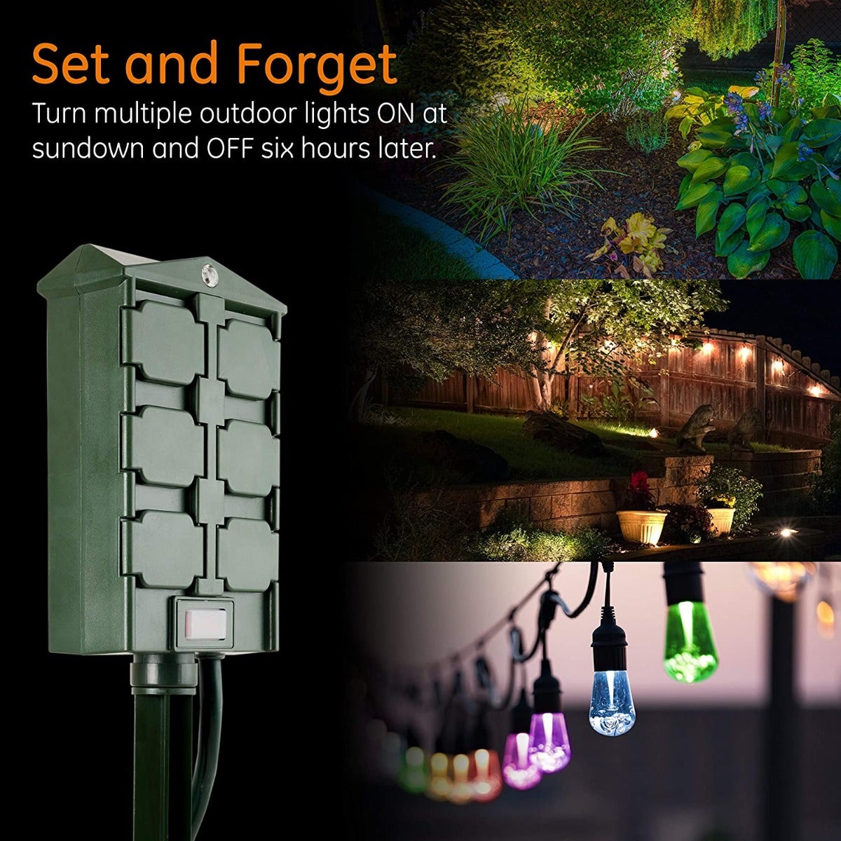myTouchSmart Outdoor 6-Outlet Light Sensing Yard Stake Timer with 6ft. Cord, Green