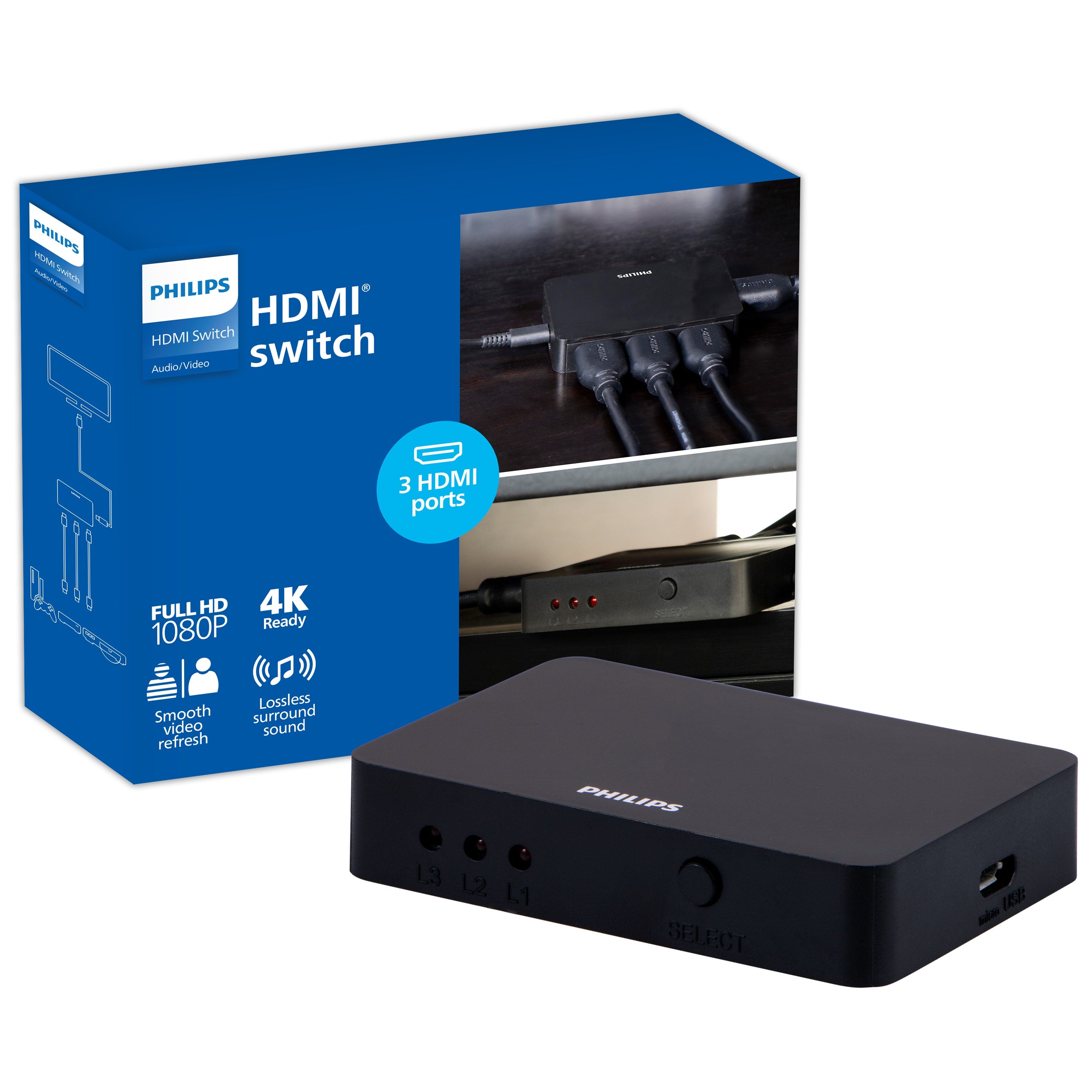 Philips 3-Device HDMI Switch, Black