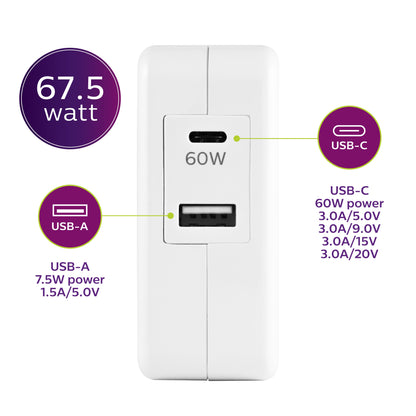 Philips USB-C USB-A Wall Charger with Power Delivery, White
