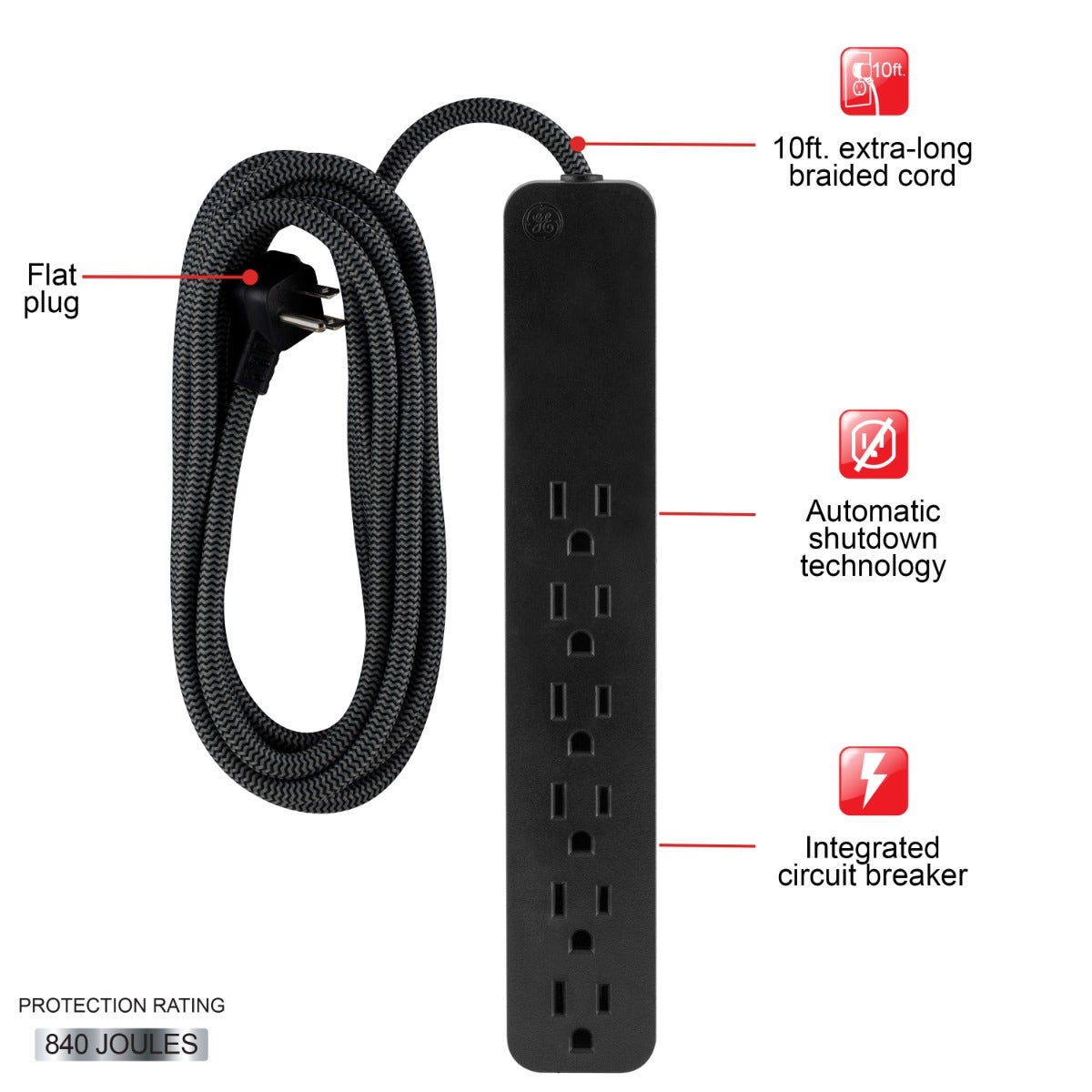 GE 6-Outlet 10ft. Surge Protector with Braided Cord, Black