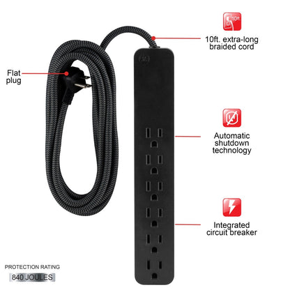 GE 6-Outlet 10ft. Surge Protector with Braided Cord, Black