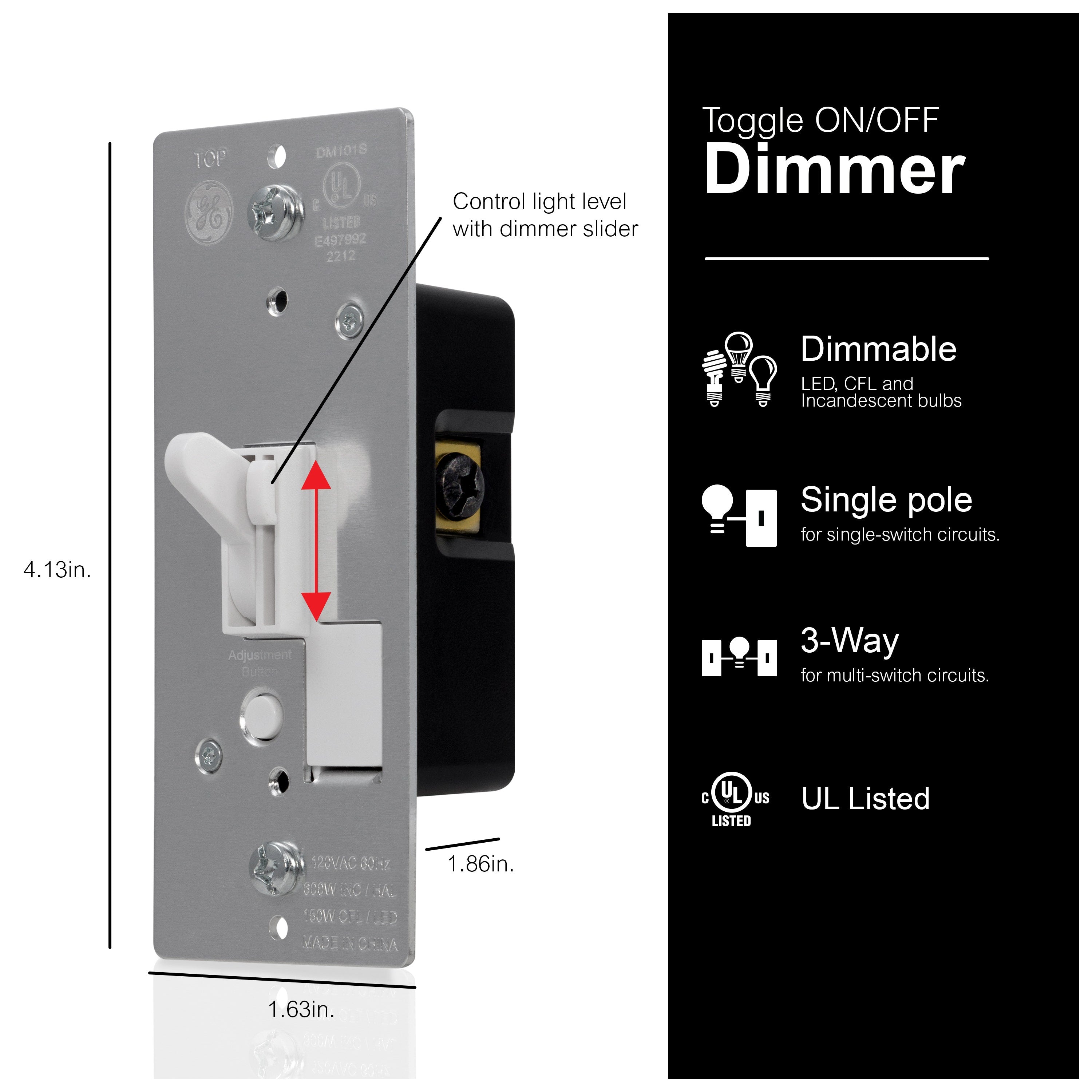 GE UltraPro On/Off Single Pole Toggle Dimmer, White