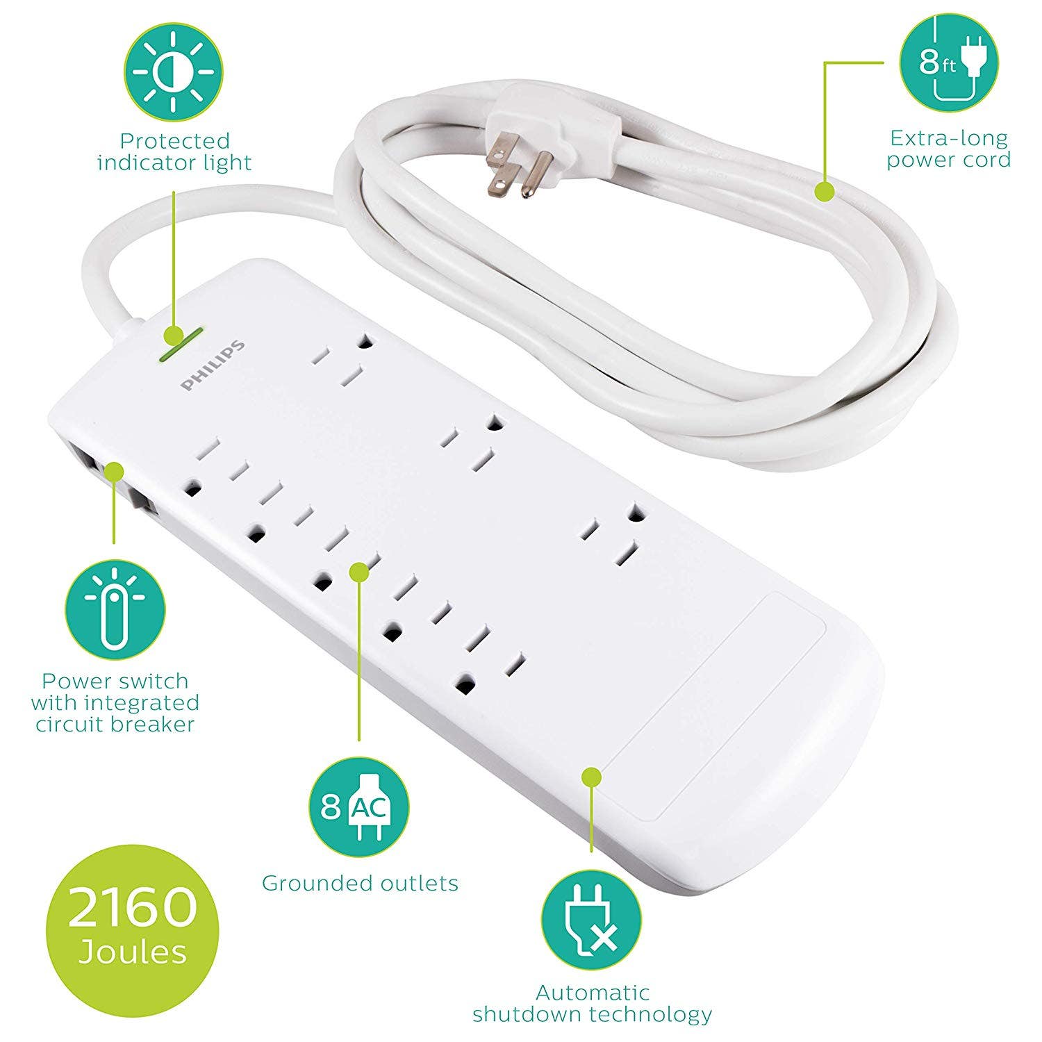 Philips 8-Outlet 8ft. Surge Protector, White