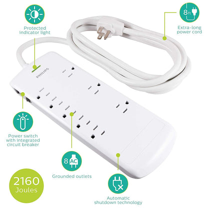 Philips 8-Outlet 8ft. Surge Protector, White