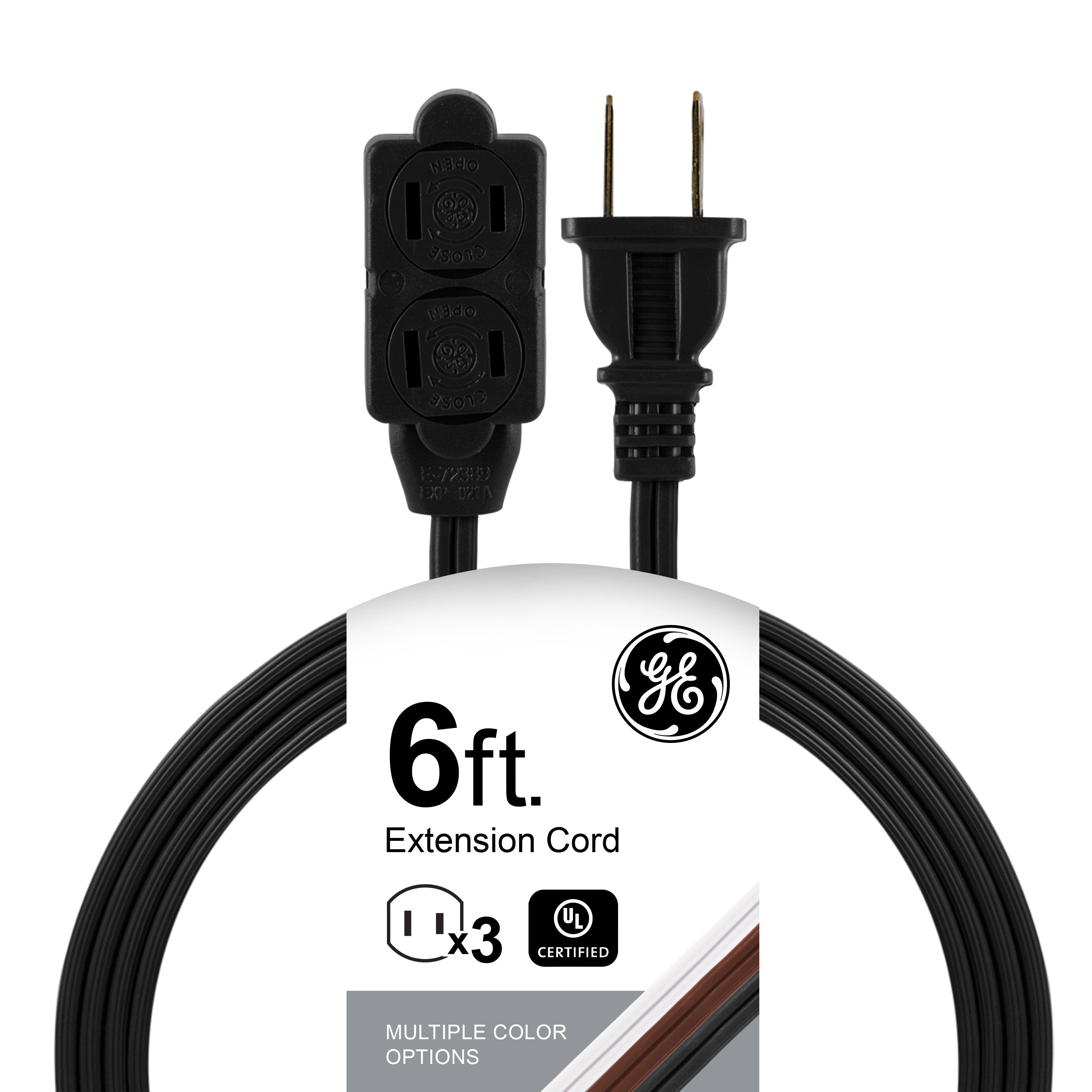 GE 3-Outlet 6ft. Indoor Extension Cord with Twist-to-Close Outlets, Black