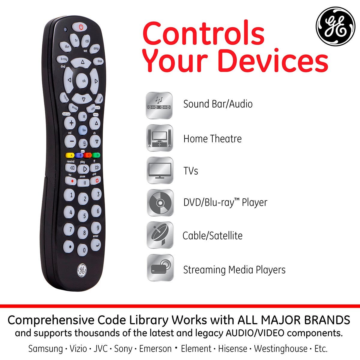 GE 6-Device Universal Remote, Black