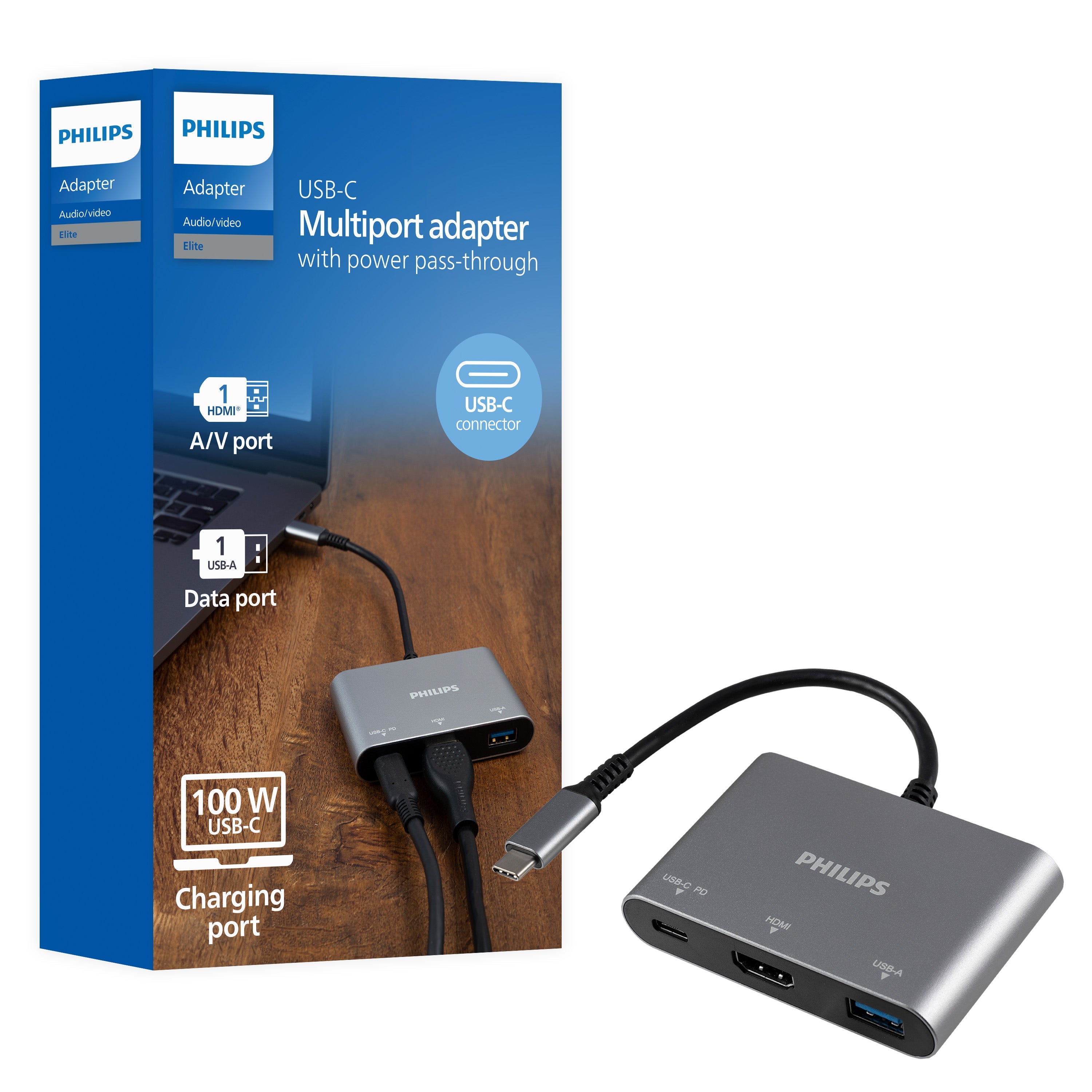 Philips USB-C 3-in-1 Multiport Hub With Power Pass-Through, Silver