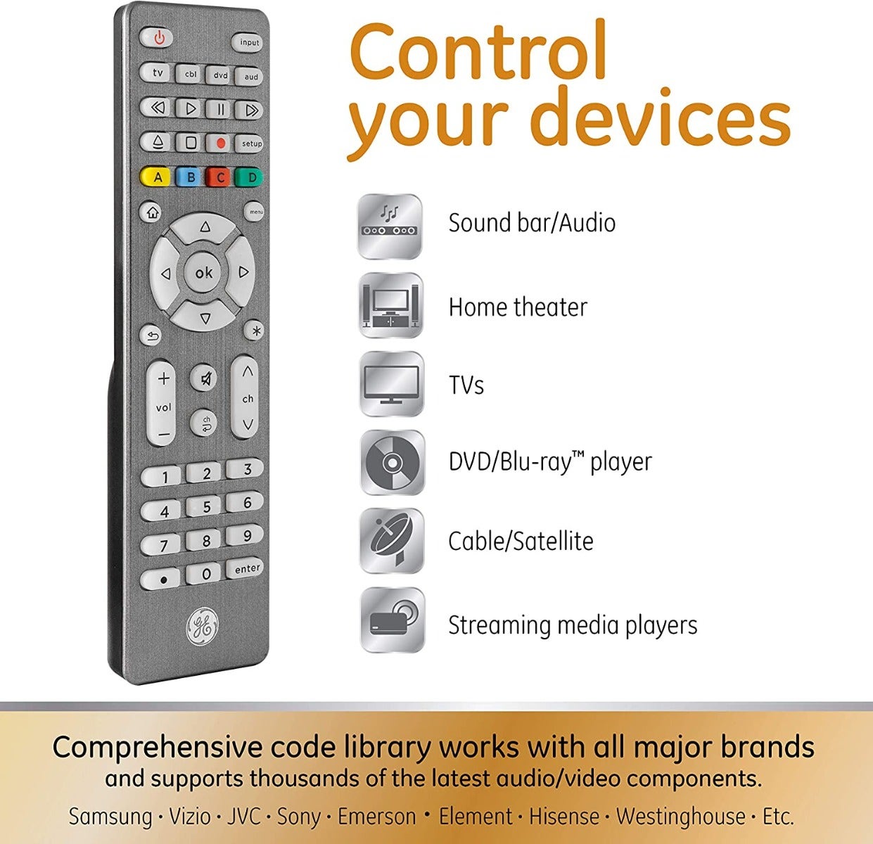 GE 4-Device Backlit Universal Remote, Brushed Graphite