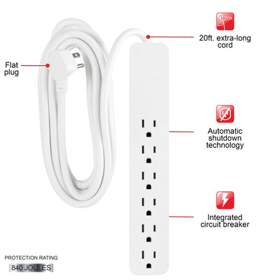 GE 6-Outlet 20ft. Surge Protector, White