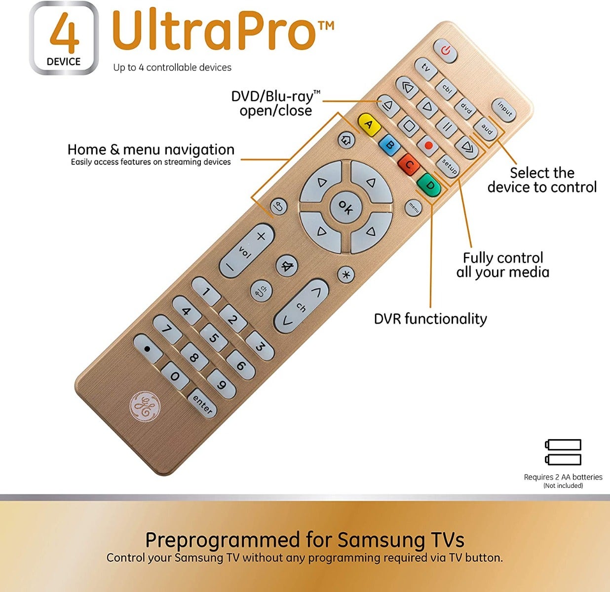 GE 4-Device Backlit Universal Remote, Brushed Gold
