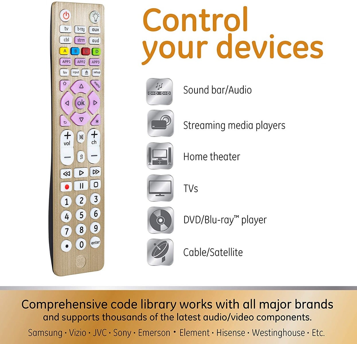 GE 6-Device Backlit Universal Remote, Brushed Gold