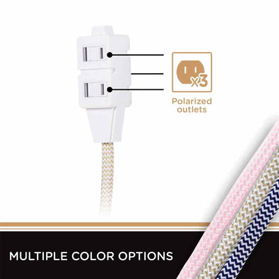 Cordinate 3-Outlet 8ft. Braided Extension Cord with Flat Plug, White/Tan