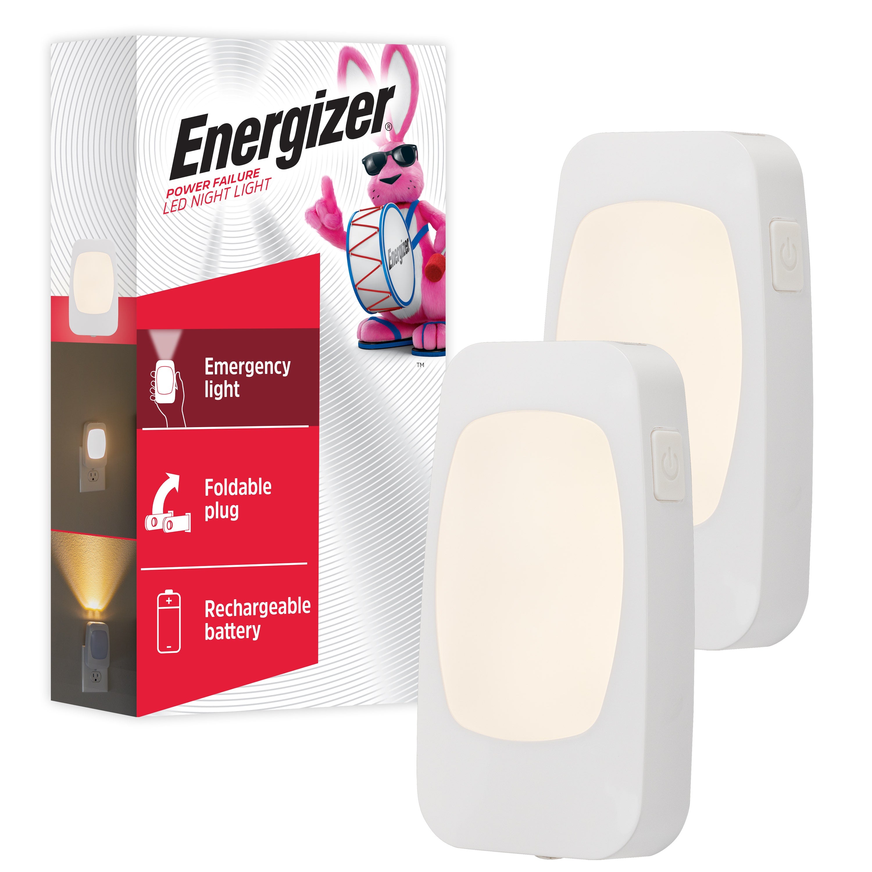 Energizer 4-in-1 Rechargeable Power Failure Light Sensing LED Night Light, 2 Pack, White