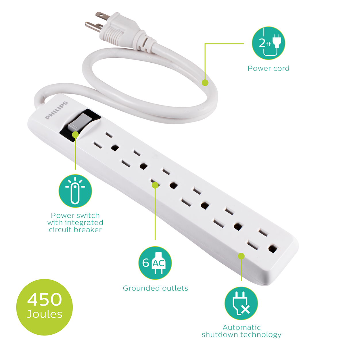 Philips 6-Outlet 2ft. Surge Protector, White