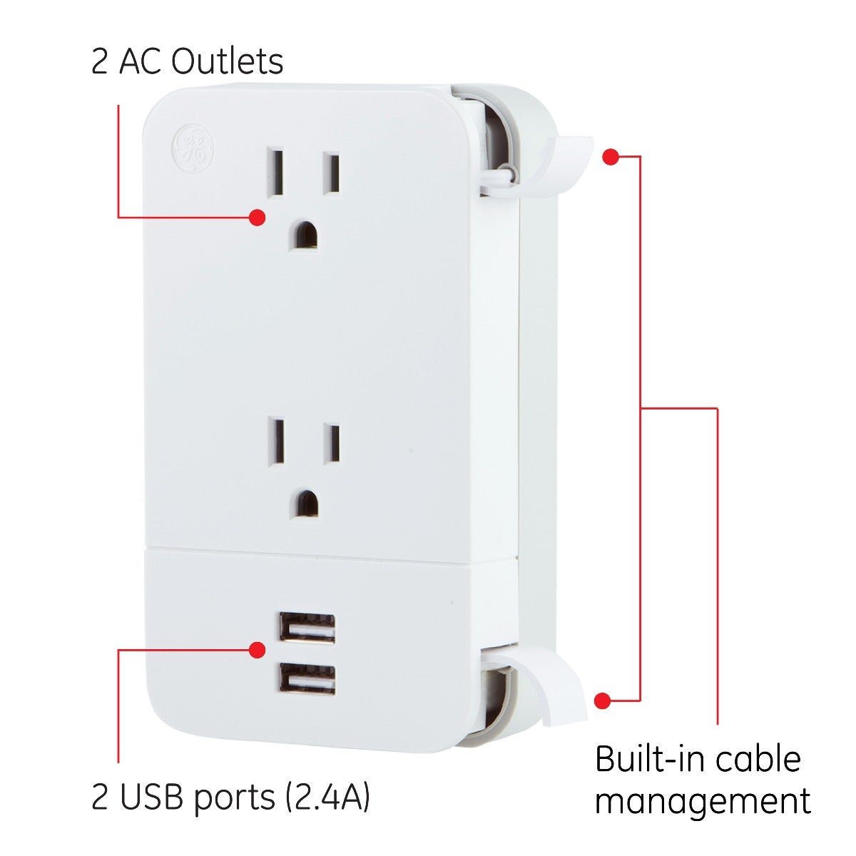 GE 2-Outlet 2-USB Charging Station with Cable Management, White
