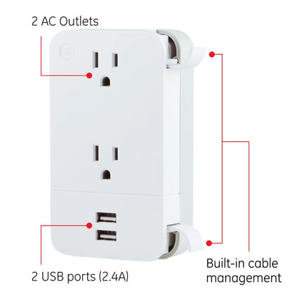 GE 2-Outlet 2-USB Charging Station with Cable Management, White
