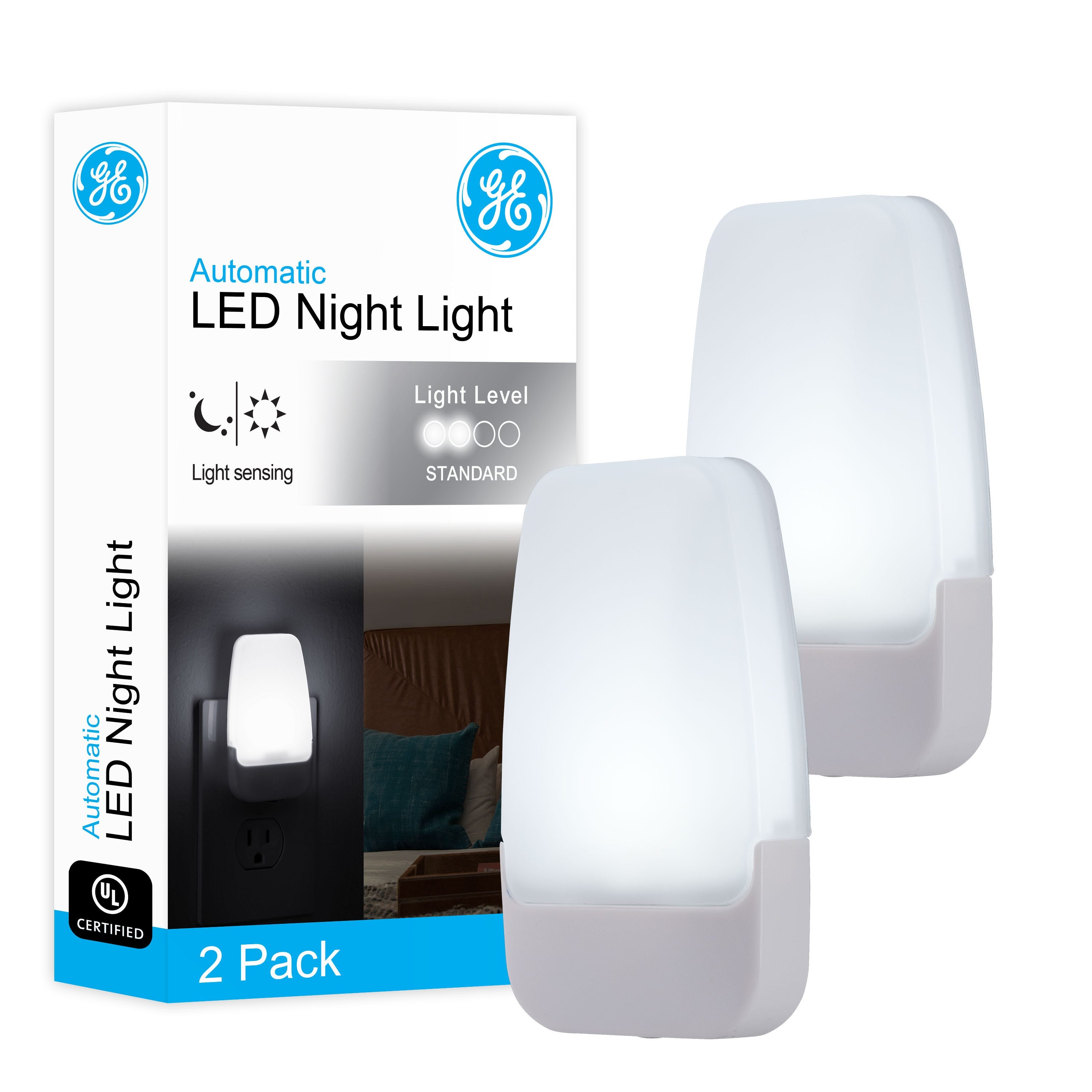 GE Light Sensing LED Night Light, 2 Pack, White