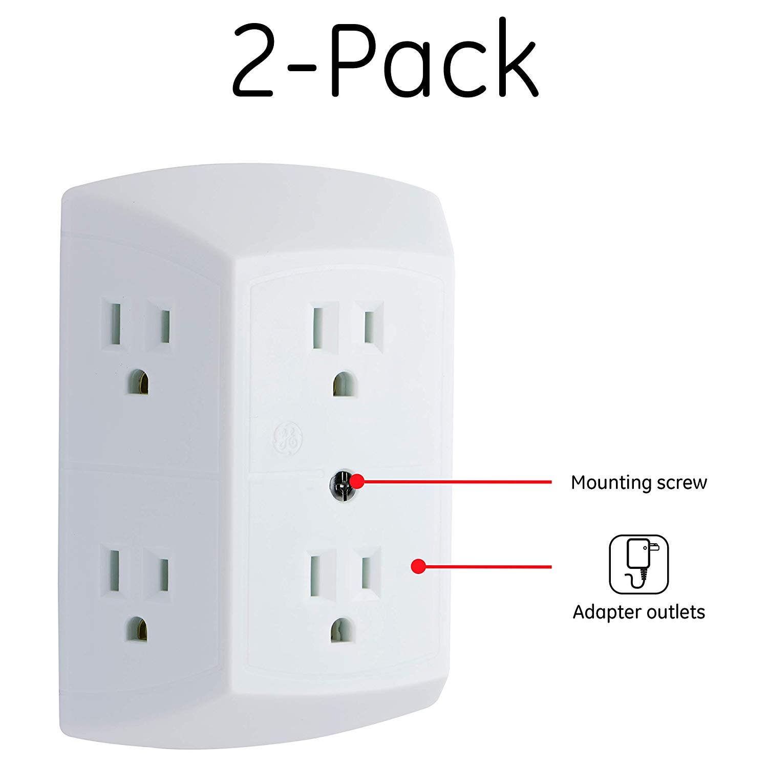 GE 6-Outlet Wall Tap, 2 Pack, White