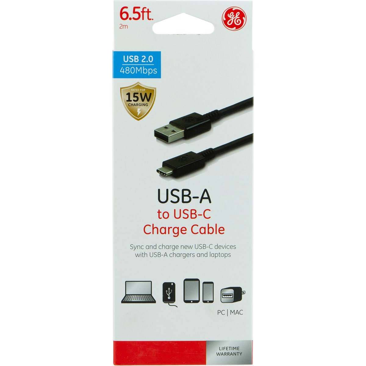 GE 6.5ft. USB-A to USB-C Charging Cable, Black