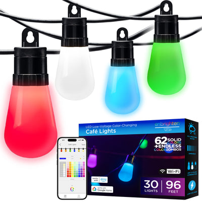 Enbrighten WiFi VIBE Color-Changing Lightweight LED Cafe Lights, 30 Plastic Bulbs, 96ft. Black Cord