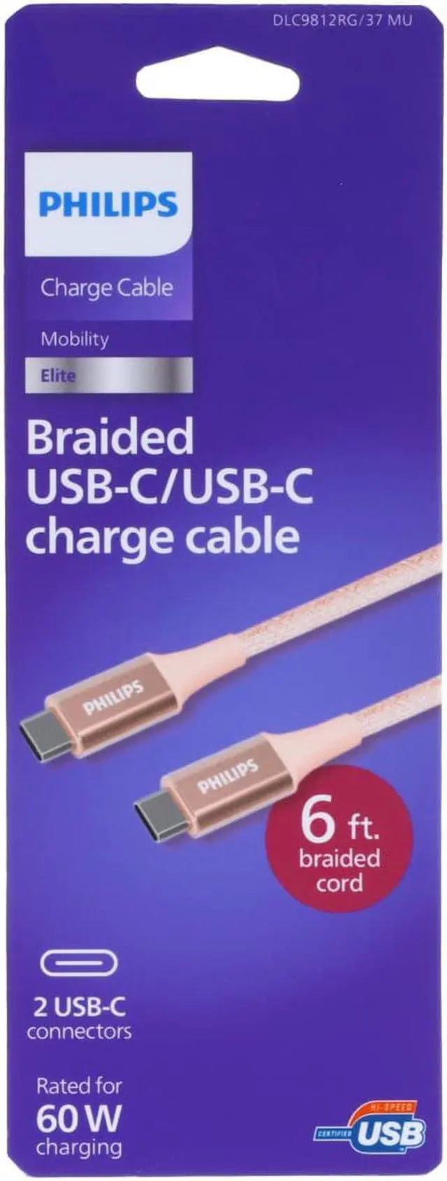 Philips USB-A to USB-C, 6ft., Rose Gold Braided Cord