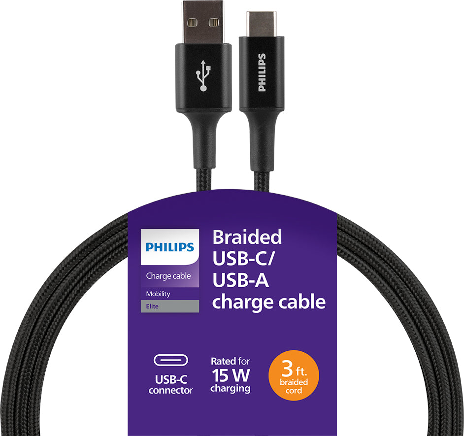 Philips Elite USB-A to USB-C Cable, 3ft, Braided Cord, Black