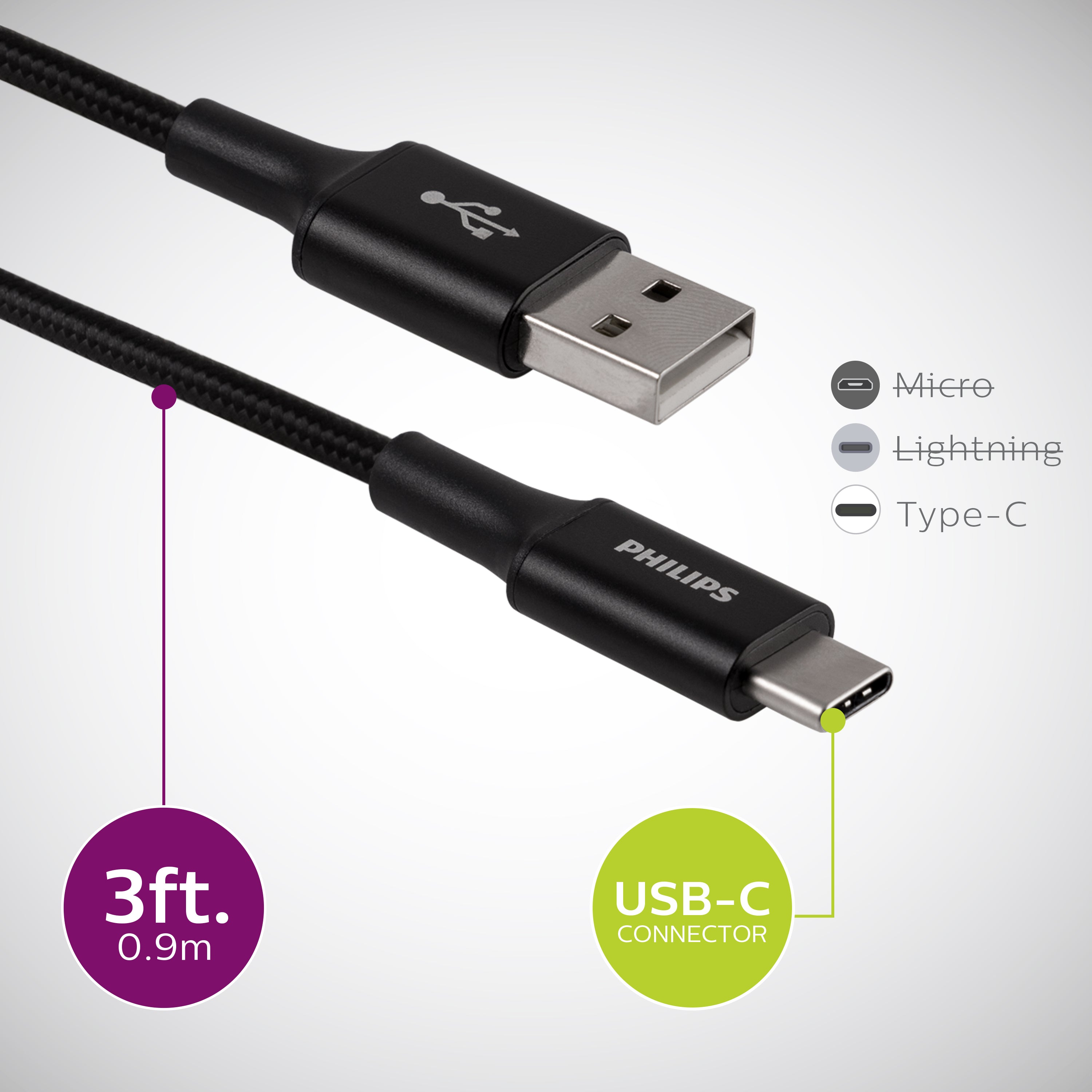 Philips Elite USB-A to USB-C Cable, 3ft, Braided Cord, Black