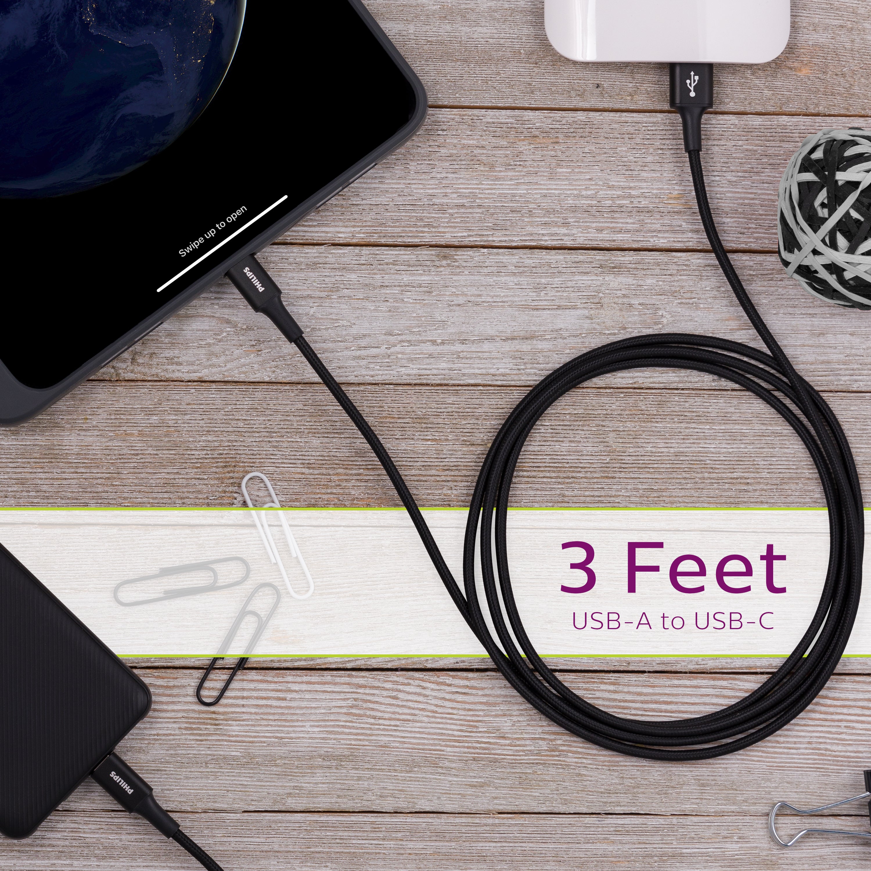 Philips Elite USB-A to USB-C Cable, 3ft, Braided Cord, Black