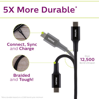 Philips Elite USB-A to USB-C Cable, 3ft, Braided Cord, Black