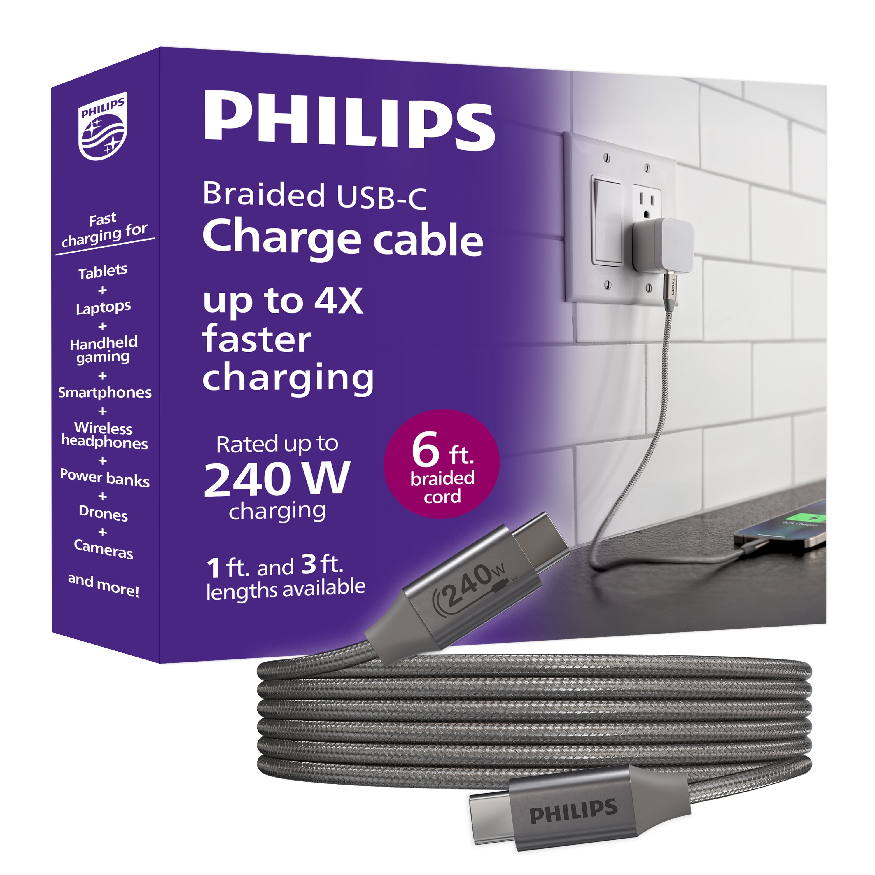 Philips Elite USB-C to USB-C Cable, 6ft, Braided Cord, Black/Gray Heather