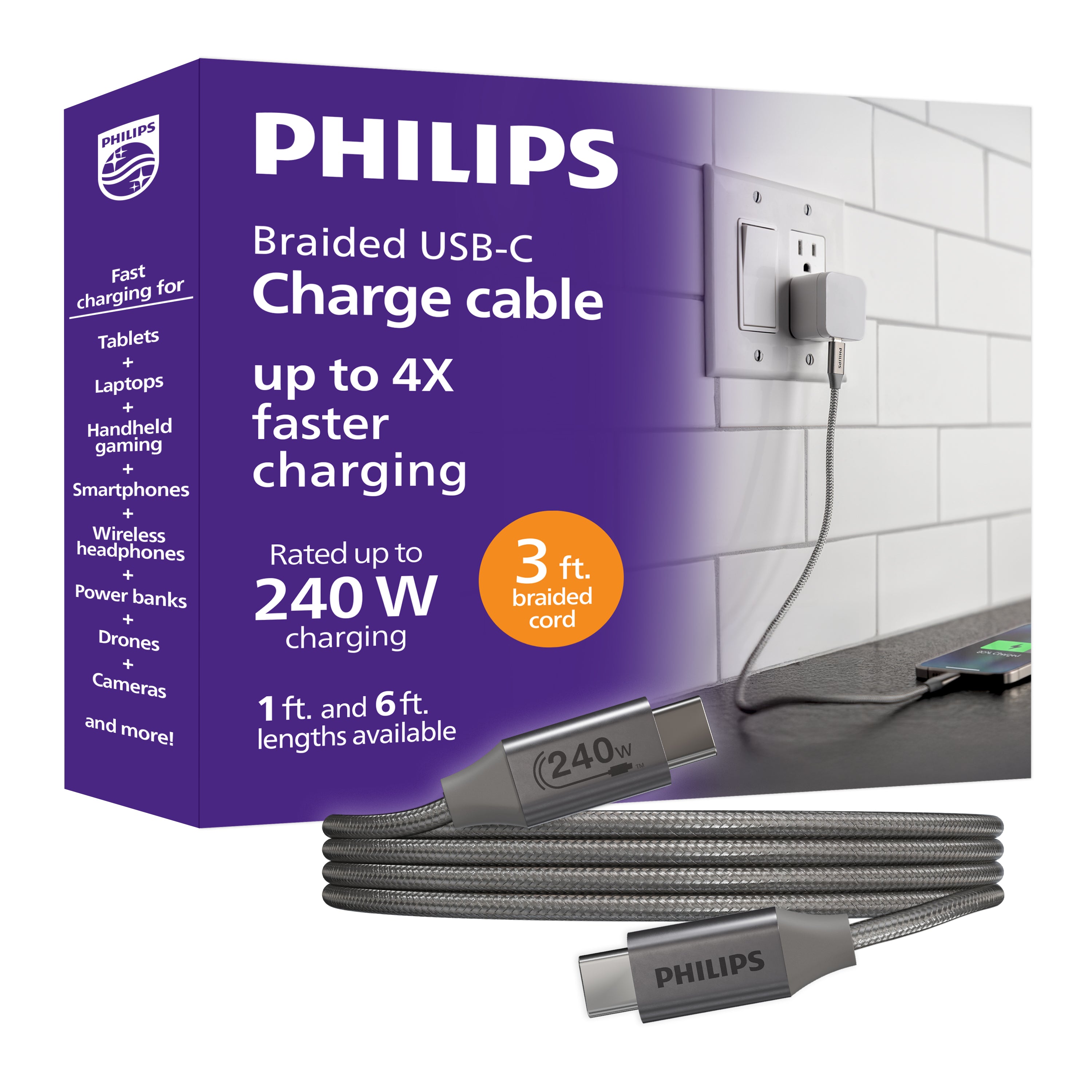 Philips Elite USB-C to USB-C Cable, 3ft, Braided Cord, Black/Gray Heather