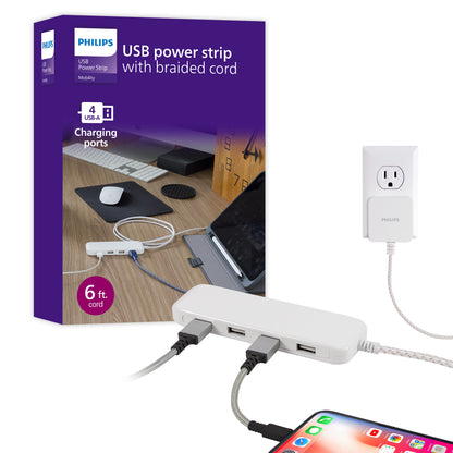 Philips USB Extension Bar, 4 USB-A ports, 4.8A, 24W, 6ft Braided Cord, White